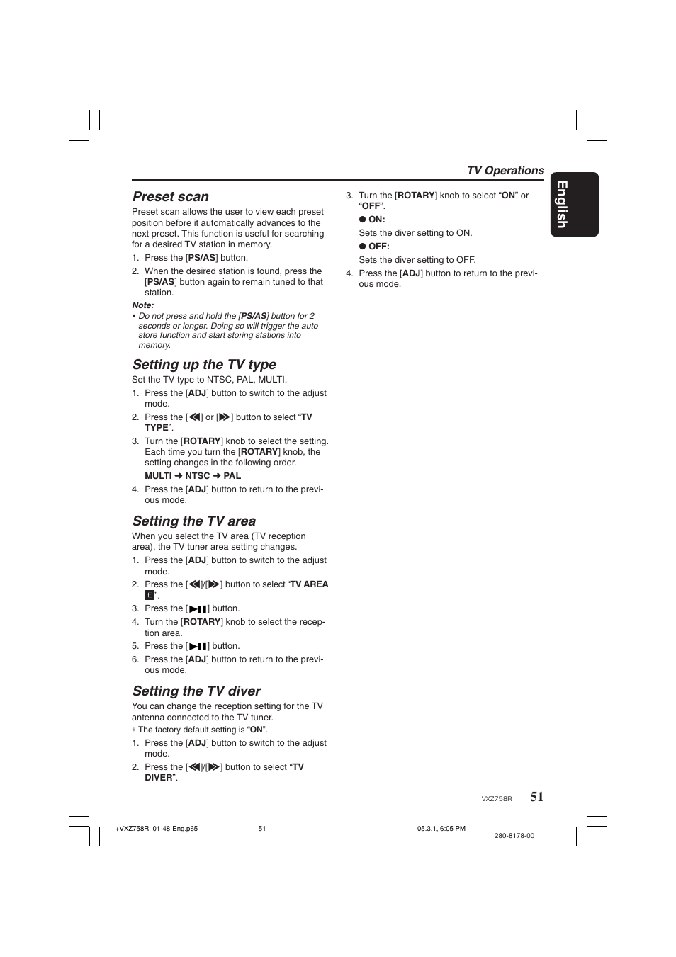 51 english, Preset scan, Setting up the tv type | Setting the tv area, Setting the tv diver, Tv operations | Clarion VXZ758R User Manual | Page 51 / 60