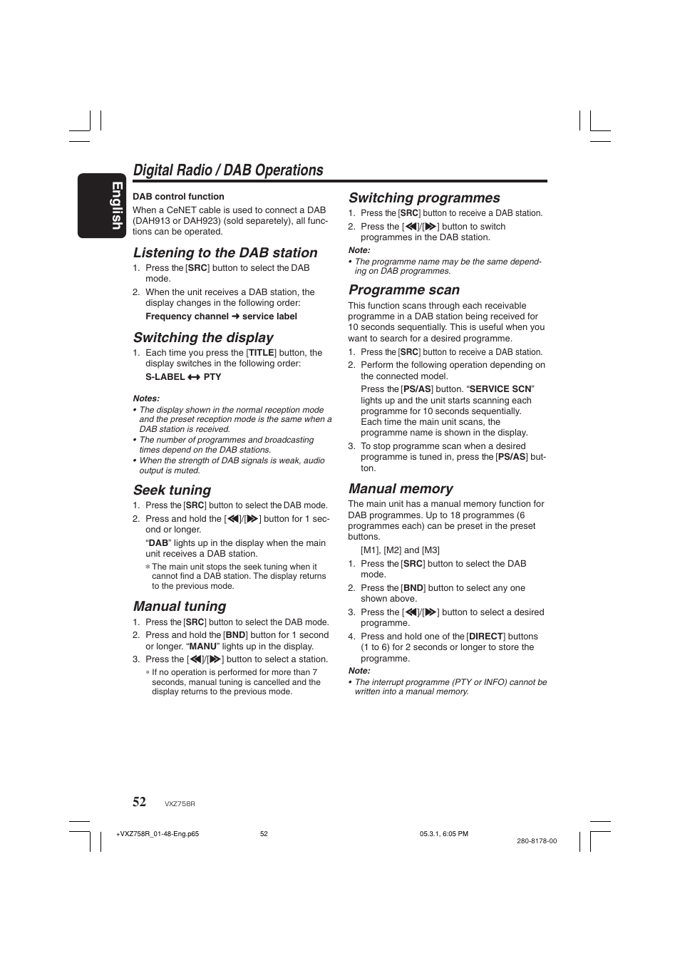 Digital radio / dab operations, English switching programmes, Programme scan | Listening to the dab station, Switching the display, Seek tuning, Manual tuning | Clarion VXZ758R User Manual | Page 52 / 60