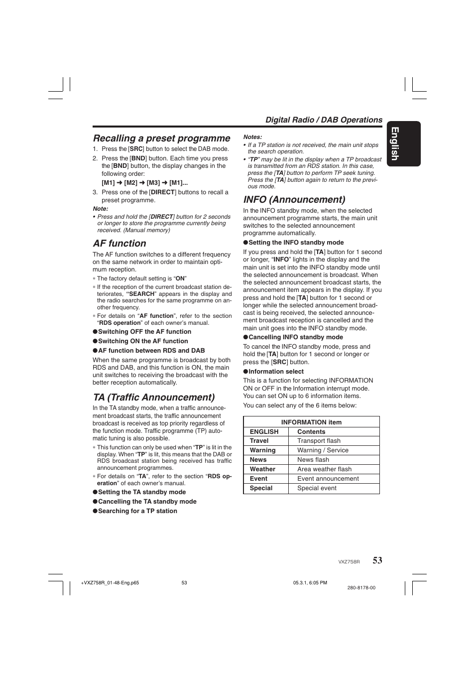 53 english, Info (announcement), Recalling a preset programme | Af function, Ta (traffic announcement) | Clarion VXZ758R User Manual | Page 53 / 60