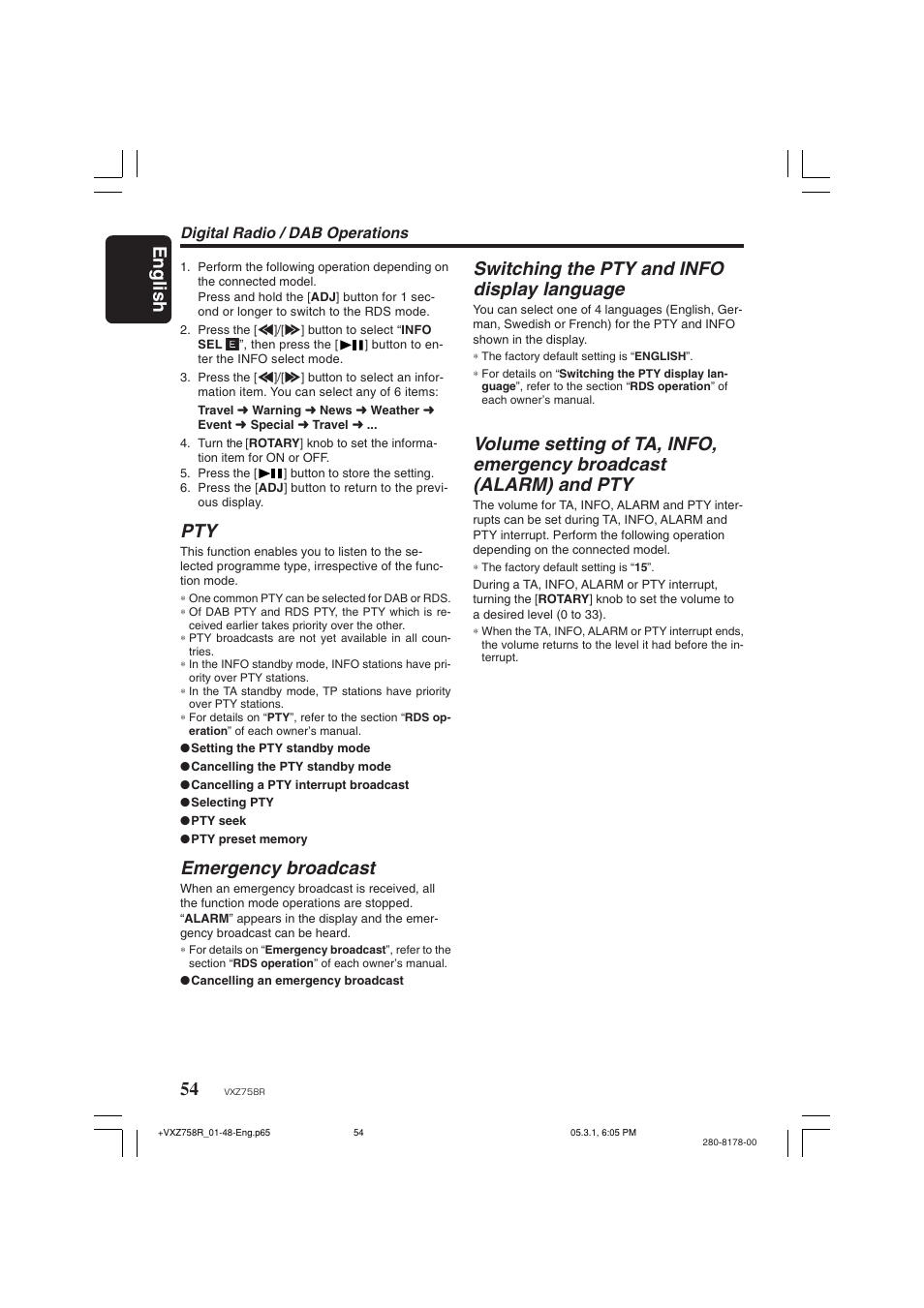 Emergency broadcast, Digital radio / dab operations | Clarion VXZ758R User Manual | Page 54 / 60