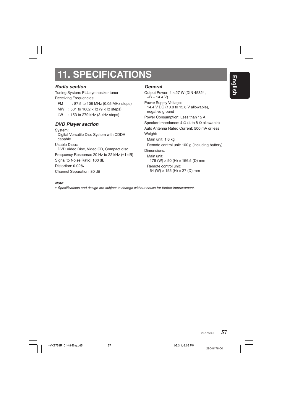 Specifications, 57 english | Clarion VXZ758R User Manual | Page 57 / 60