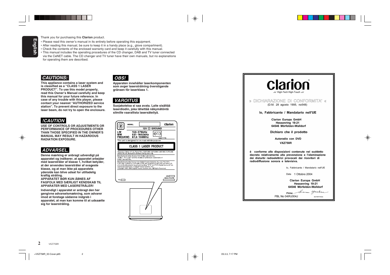 English, Cautions, Caution | Advarsel, Varoitus | Clarion VXZ758R User Manual | Page 59 / 60