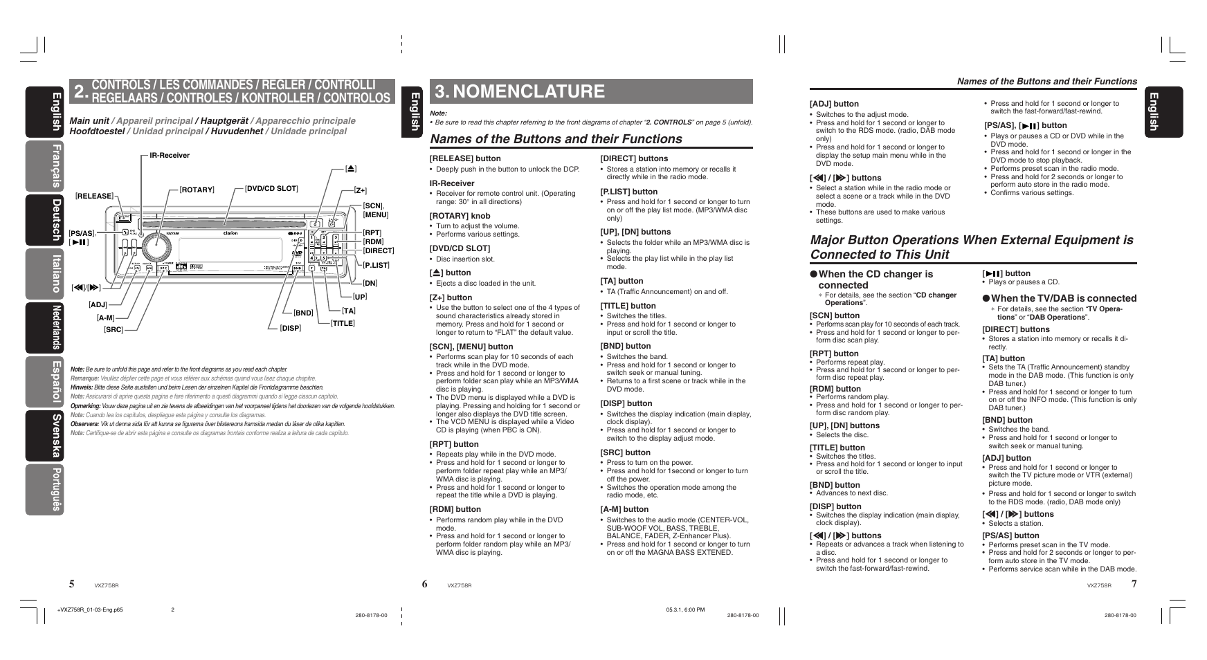 Nomenclature, Names of the buttons and their functions, English | When the cd changer is connected, When the tv/dab is connected | Clarion VXZ758R User Manual | Page 7 / 60
