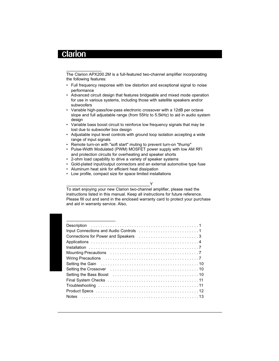 Apx200.2m power system amplifier | Clarion APX200 User Manual | Page 2 / 16