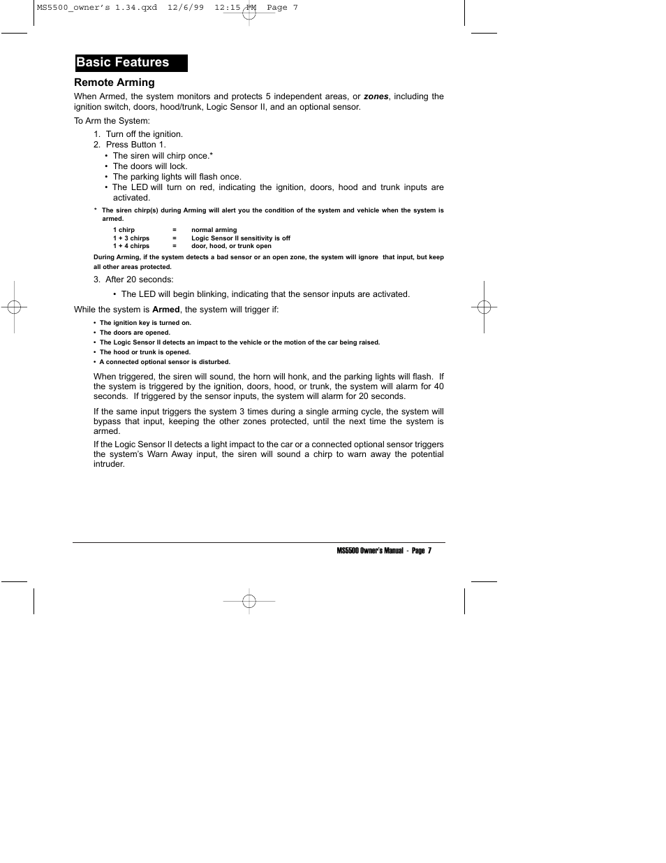 Basic features, Remote arming | Clarion MS5500 User Manual | Page 11 / 24