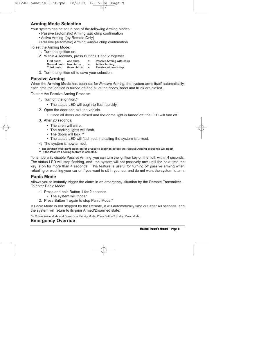 Arming mode selection, Passive arming, Panic mode | Emergency override | Clarion MS5500 User Manual | Page 13 / 24