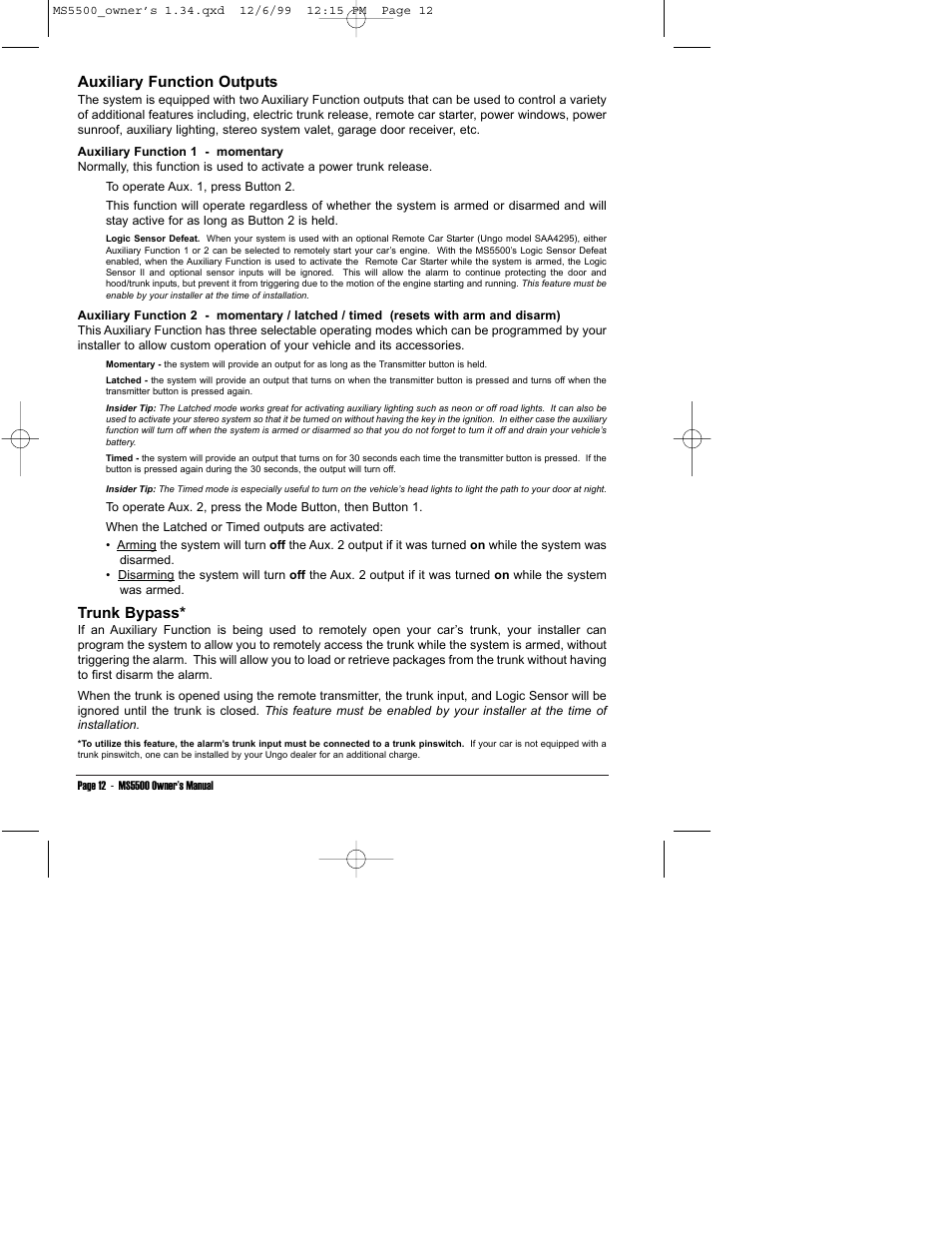 Auxiliary function outputs, Trunk bypass | Clarion MS5500 User Manual | Page 16 / 24