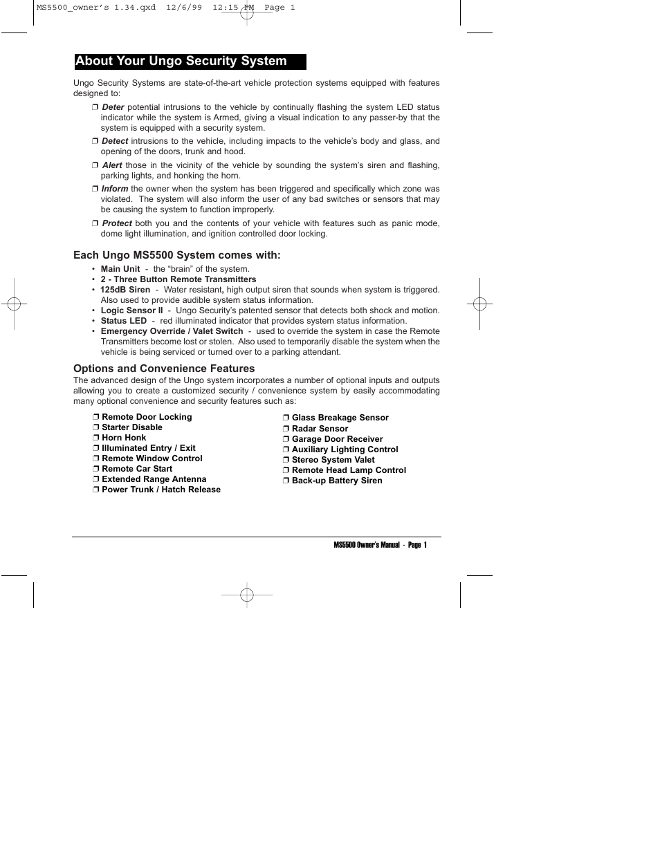 About your ungo security system | Clarion MS5500 User Manual | Page 5 / 24