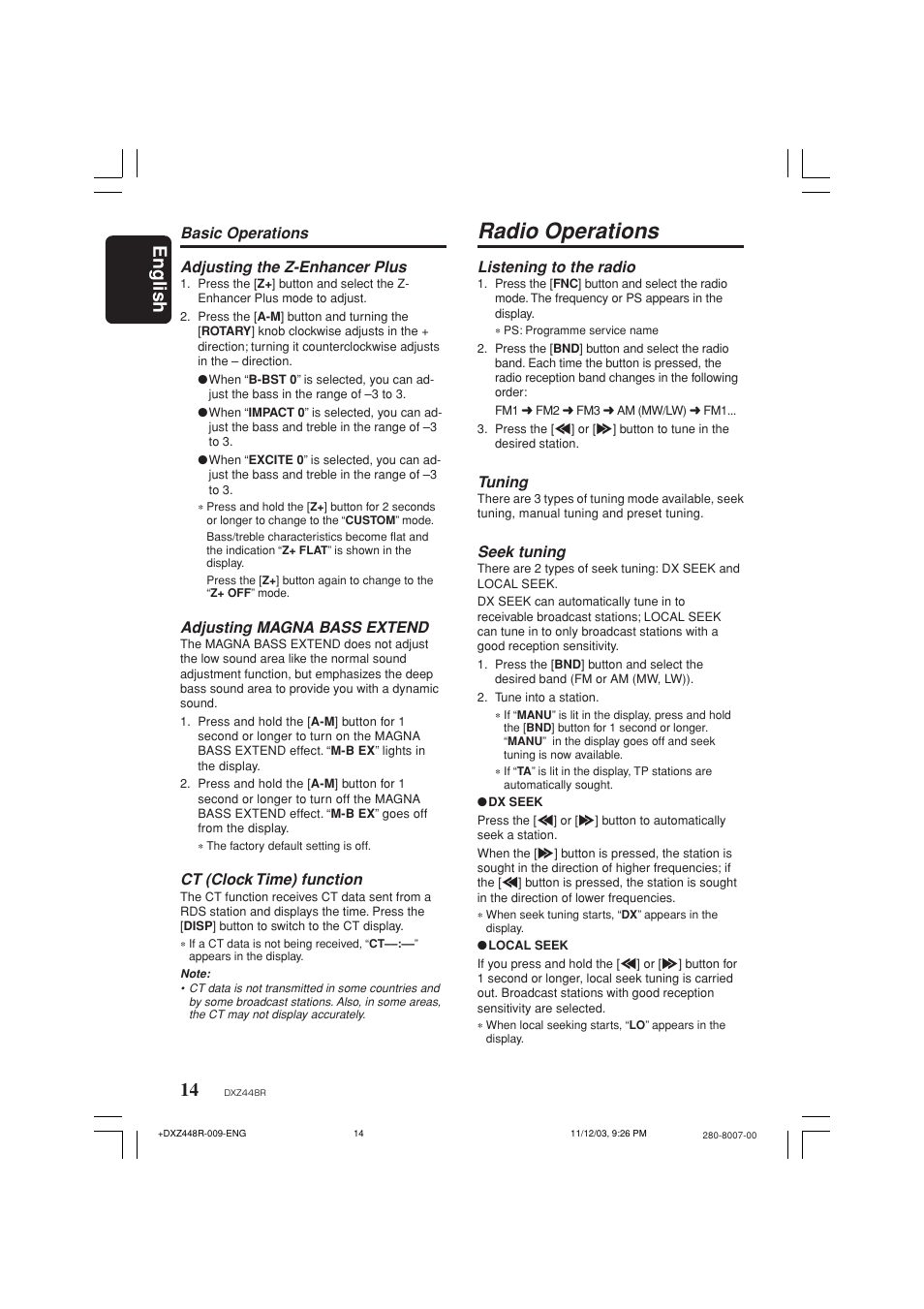 Radio operations, English, Listening to the radio | Tuning, Seek tuning, Basic operations adjusting the z-enhancer plus, Adjusting magna bass extend, Ct (clock time) function | Clarion DXZ448R User Manual | Page 10 / 29
