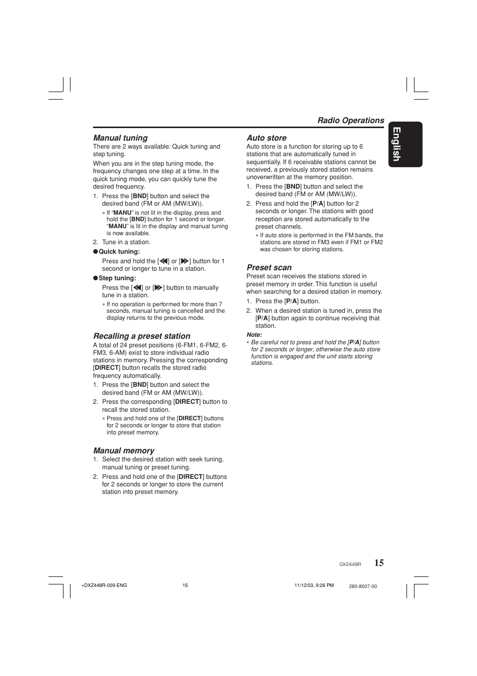 15 english, Manual tuning, Recalling a preset station | Radio operations auto store, Preset scan | Clarion DXZ448R User Manual | Page 11 / 29