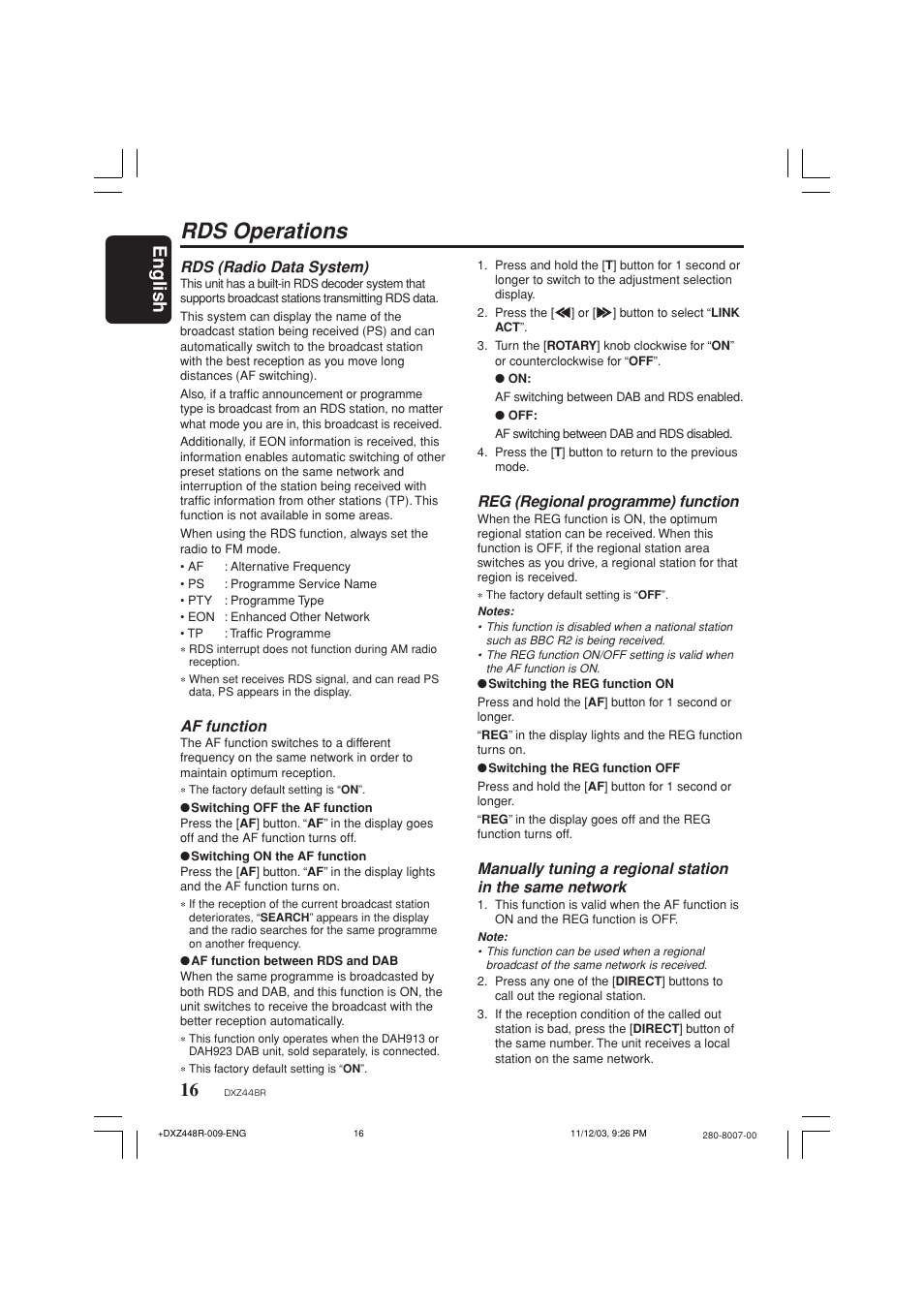 Rds operations, English, Reg (regional programme) function | Rds (radio data system), Af function | Clarion DXZ448R User Manual | Page 12 / 29