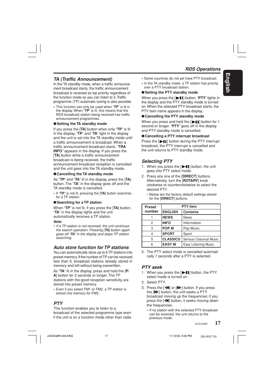 17 english, Rds operations ta (traffic announcement), Auto store function for tp stations | Selecting pty, Pty seek | Clarion DXZ448R User Manual | Page 13 / 29