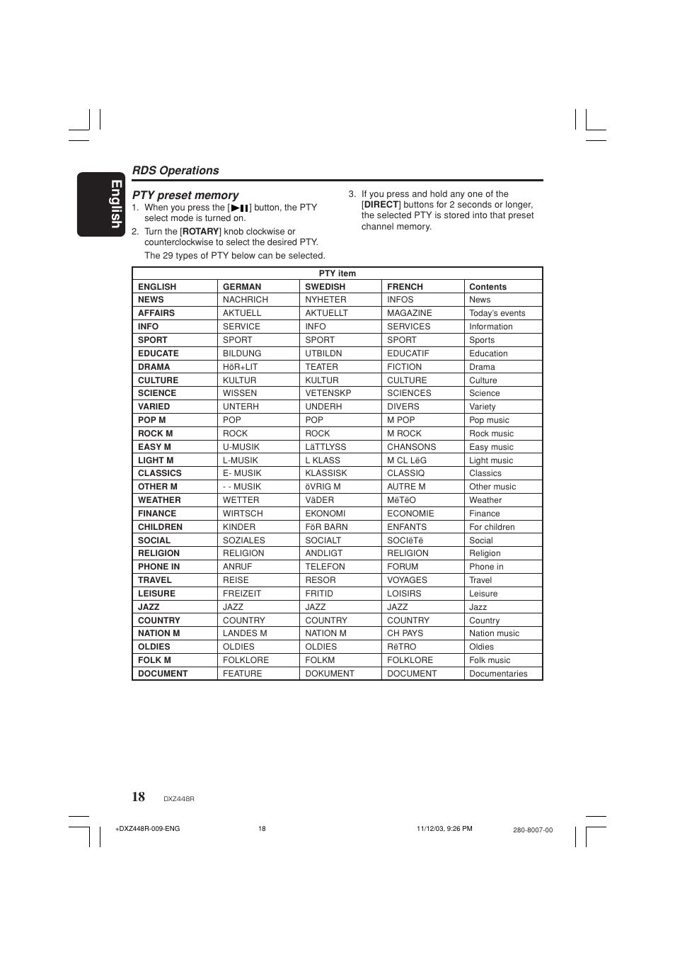 English, Rds operations | Clarion DXZ448R User Manual | Page 14 / 29