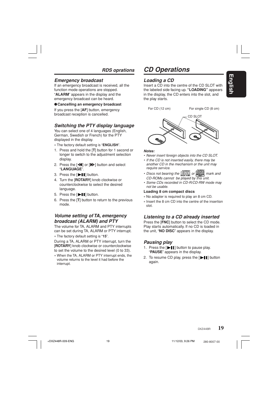 Cd operations, 19 english | Clarion DXZ448R User Manual | Page 15 / 29