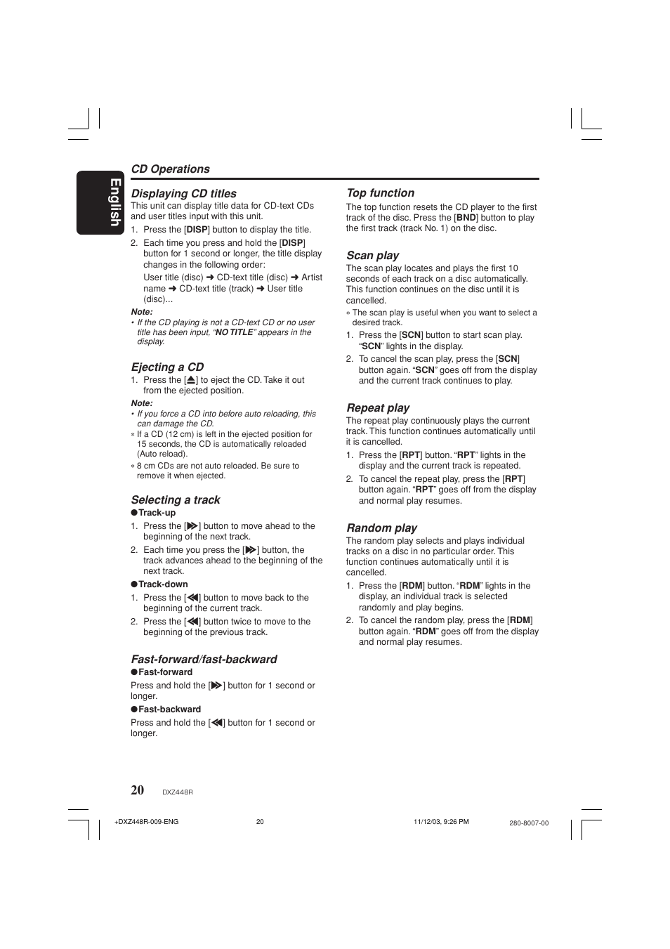 English, Displaying cd titles, Ejecting a cd | Selecting a track, Fast-forward/fast-backward, Cd operations top function, Scan play, Repeat play, Random play | Clarion DXZ448R User Manual | Page 16 / 29