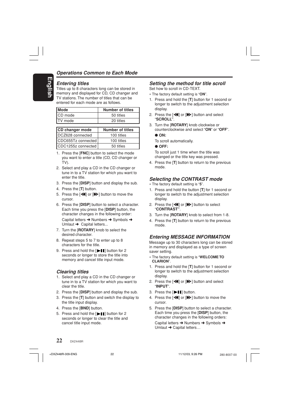 English, Entering titles, Selecting the contrast mode | Entering message information, Clearing titles | Clarion DXZ448R User Manual | Page 18 / 29