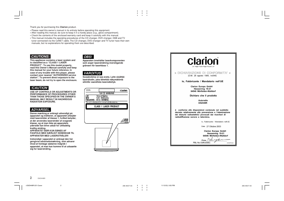 Cautions, Caution, Advarsel | Varoitus | Clarion DXZ448R User Manual | Page 2 / 29