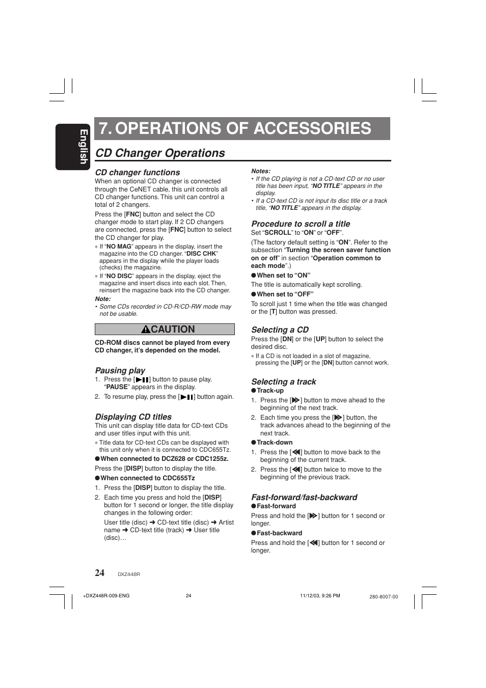 Operations of accessories, Cd changer operations, English | Caution | Clarion DXZ448R User Manual | Page 20 / 29