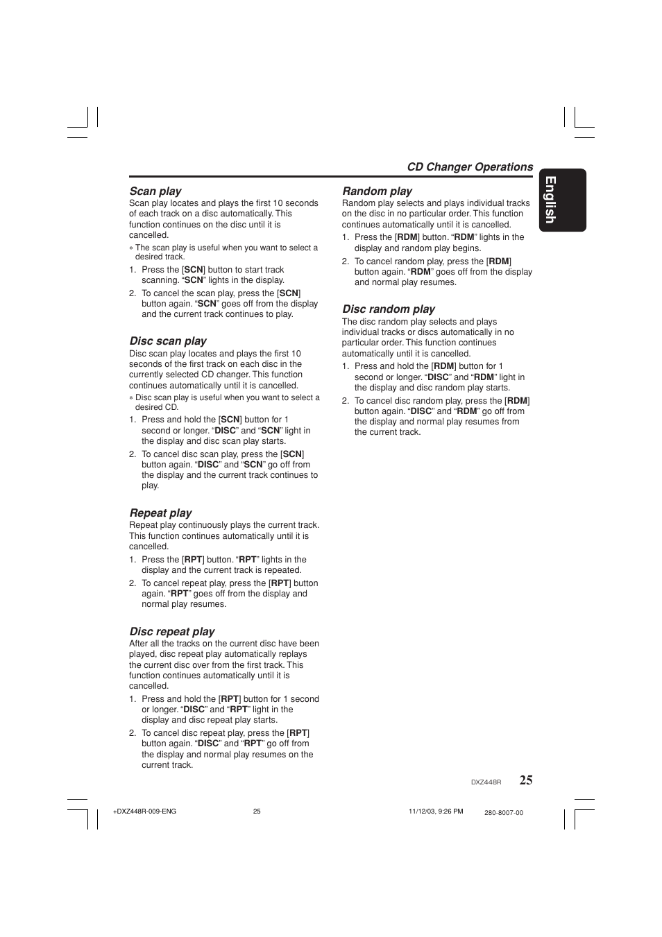 25 english, Cd changer operations scan play, Disc scan play | Repeat play, Disc repeat play, Random play, Disc random play | Clarion DXZ448R User Manual | Page 21 / 29