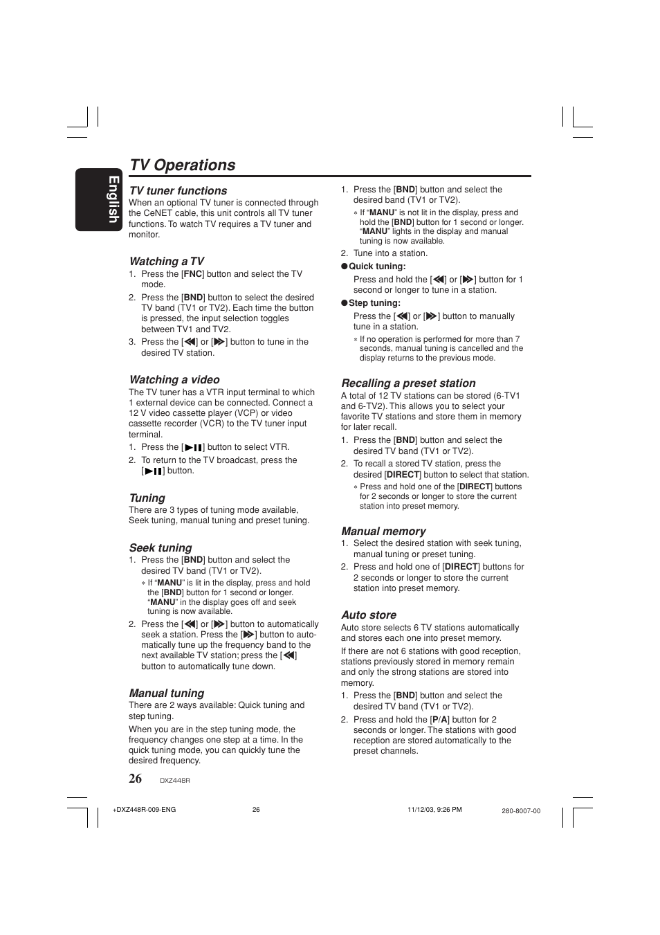 Tv operations, English | Clarion DXZ448R User Manual | Page 22 / 29