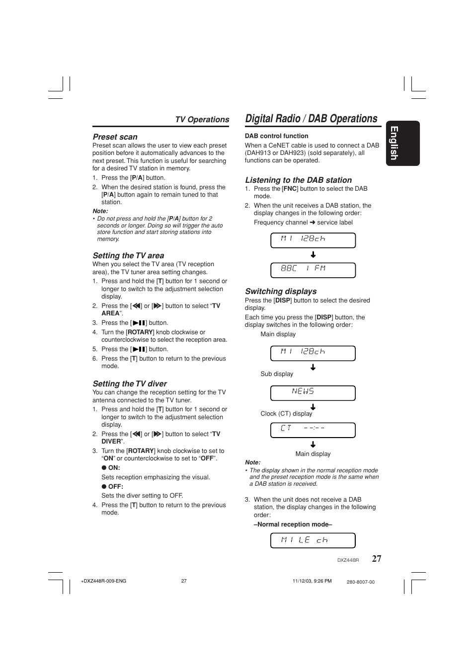 Digital radio / dab operations, 27 english, Tv operations | Listening to the dab station, Switching displays, Preset scan, Setting the tv area, Setting the tv diver | Clarion DXZ448R User Manual | Page 23 / 29