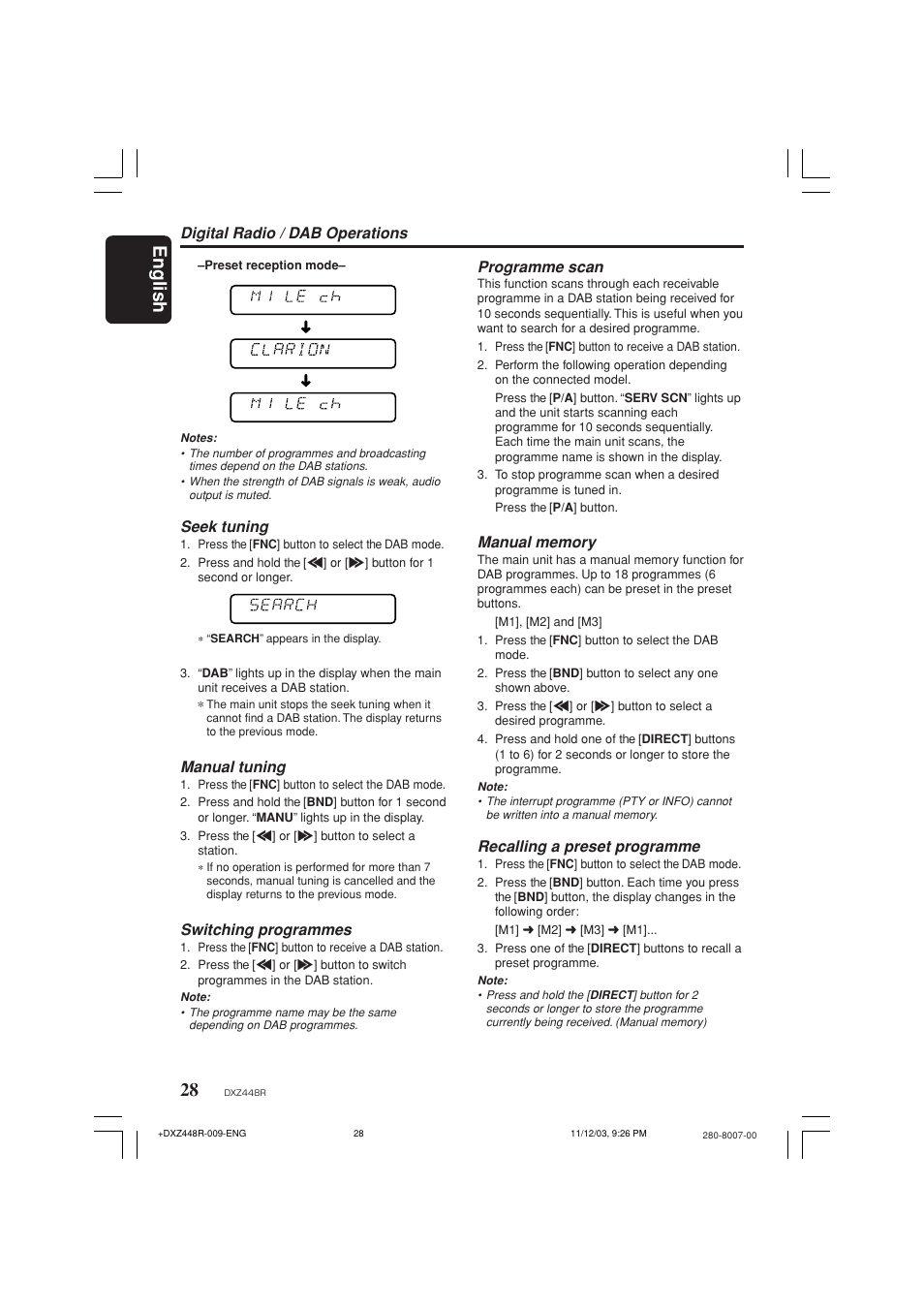 English, Seek tuning, Manual tuning | Switching programmes, Digital radio / dab operations programme scan, Recalling a preset programme | Clarion DXZ448R User Manual | Page 24 / 29