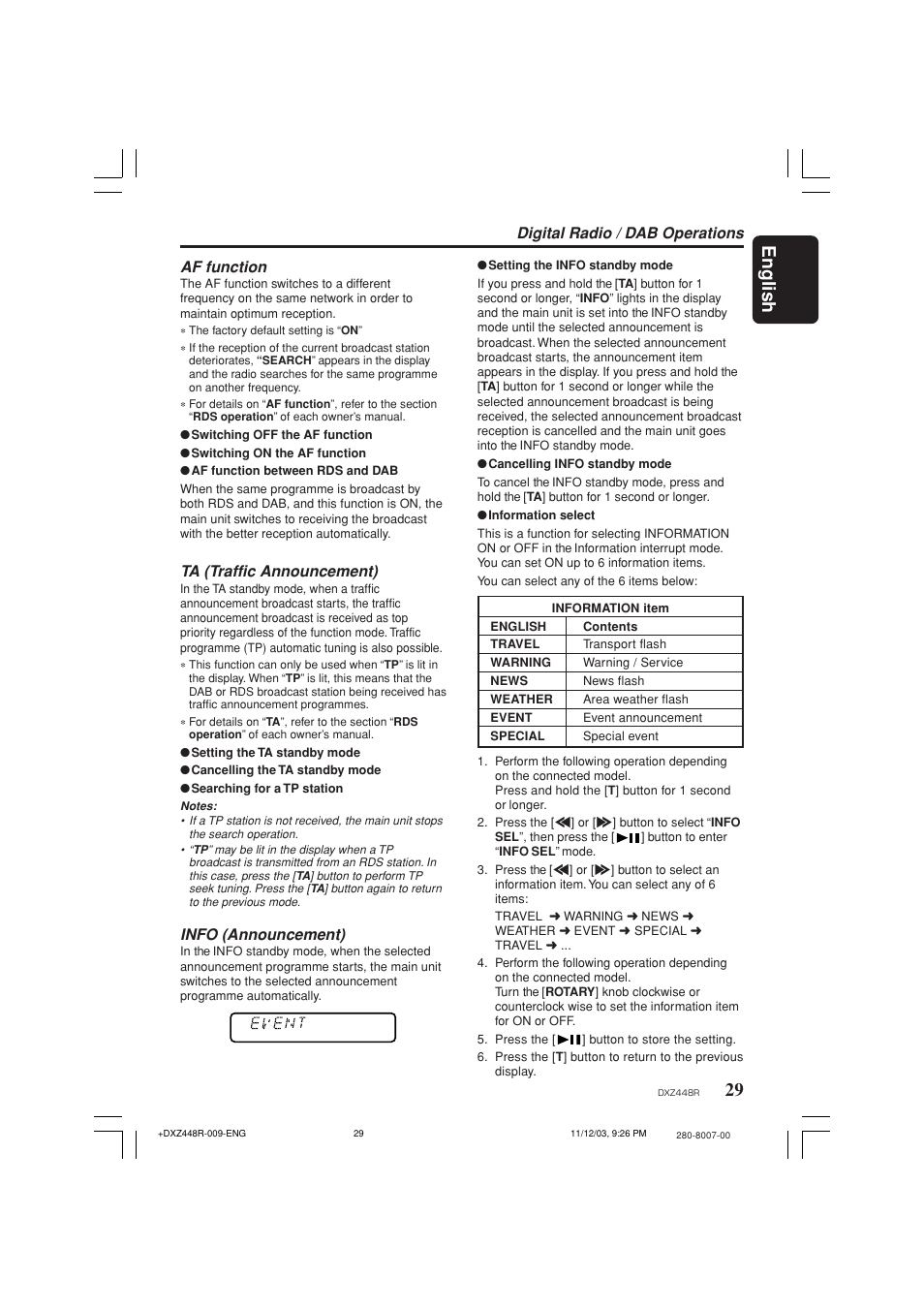 29 english, Af function, Ta (traffic announcement) | Info (announcement), Digital radio / dab operations | Clarion DXZ448R User Manual | Page 25 / 29
