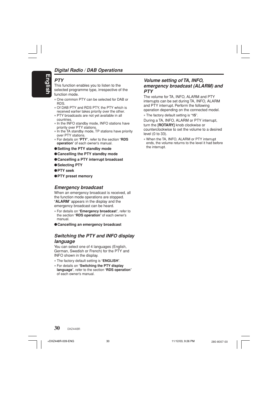 English, Digital radio / dab operations pty, Emergency broadcast | Switching the pty and info display language | Clarion DXZ448R User Manual | Page 26 / 29