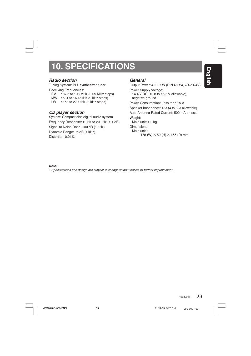 Specifications, 33 english | Clarion DXZ448R User Manual | Page 29 / 29