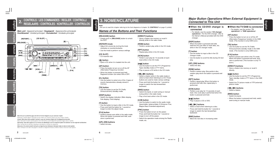 Controls / les commandes / regler / controlli, Nomenclature, Names of the buttons and their functions | English, When the cd/dvd changer is connected, When the tv/dab is connected | Clarion DXZ448R User Manual | Page 4 / 29