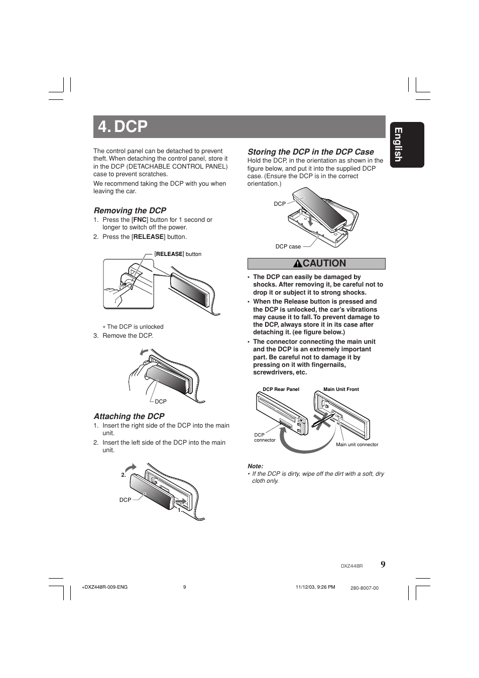 9english, Caution, Removing the dcp | Attaching the dcp, Storing the dcp in the dcp case | Clarion DXZ448R User Manual | Page 5 / 29