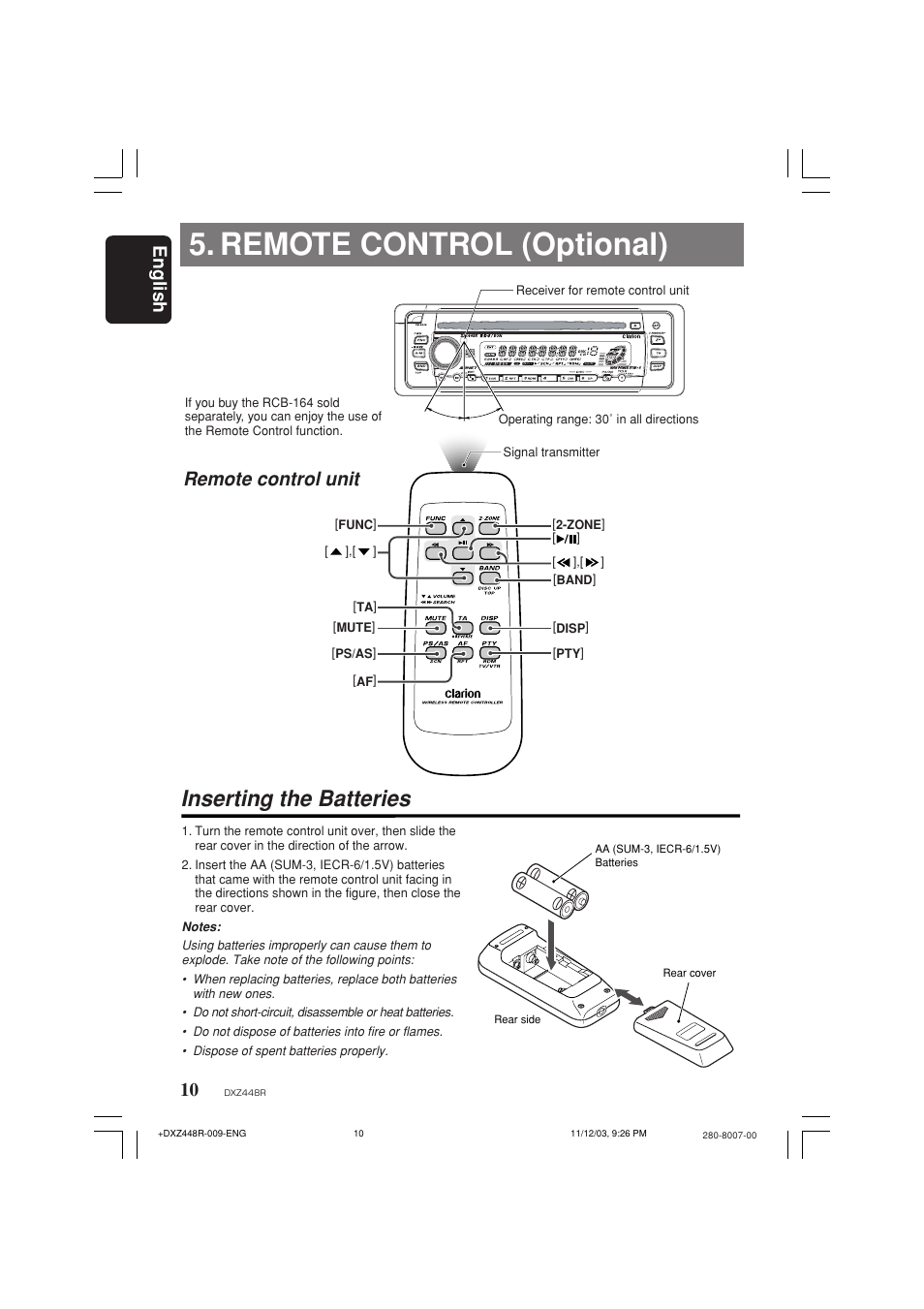 Remote control (optional), Inserting the batteries, Remote control unit | English | Clarion DXZ448R User Manual | Page 6 / 29