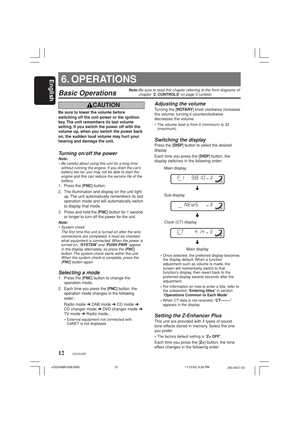 Operations, Basic operations, English | Caution | Clarion DXZ448R User Manual | Page 8 / 29