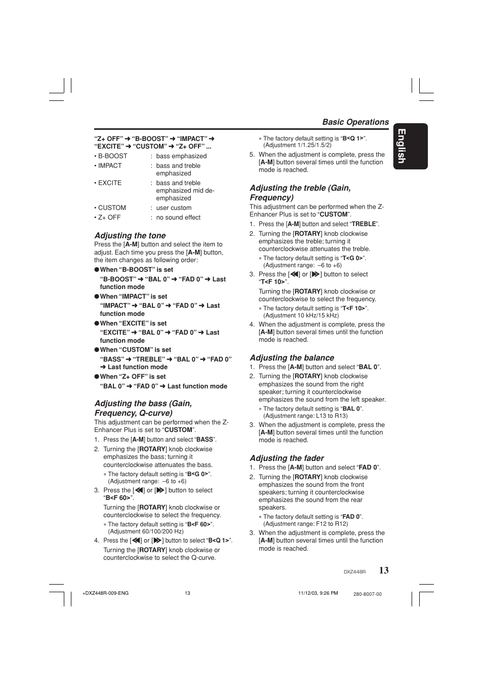 13 english, Adjusting the tone, Adjusting the bass (gain, frequency, q-curve) | Adjusting the treble (gain, frequency), Adjusting the balance, Adjusting the fader, Basic operations | Clarion DXZ448R User Manual | Page 9 / 29