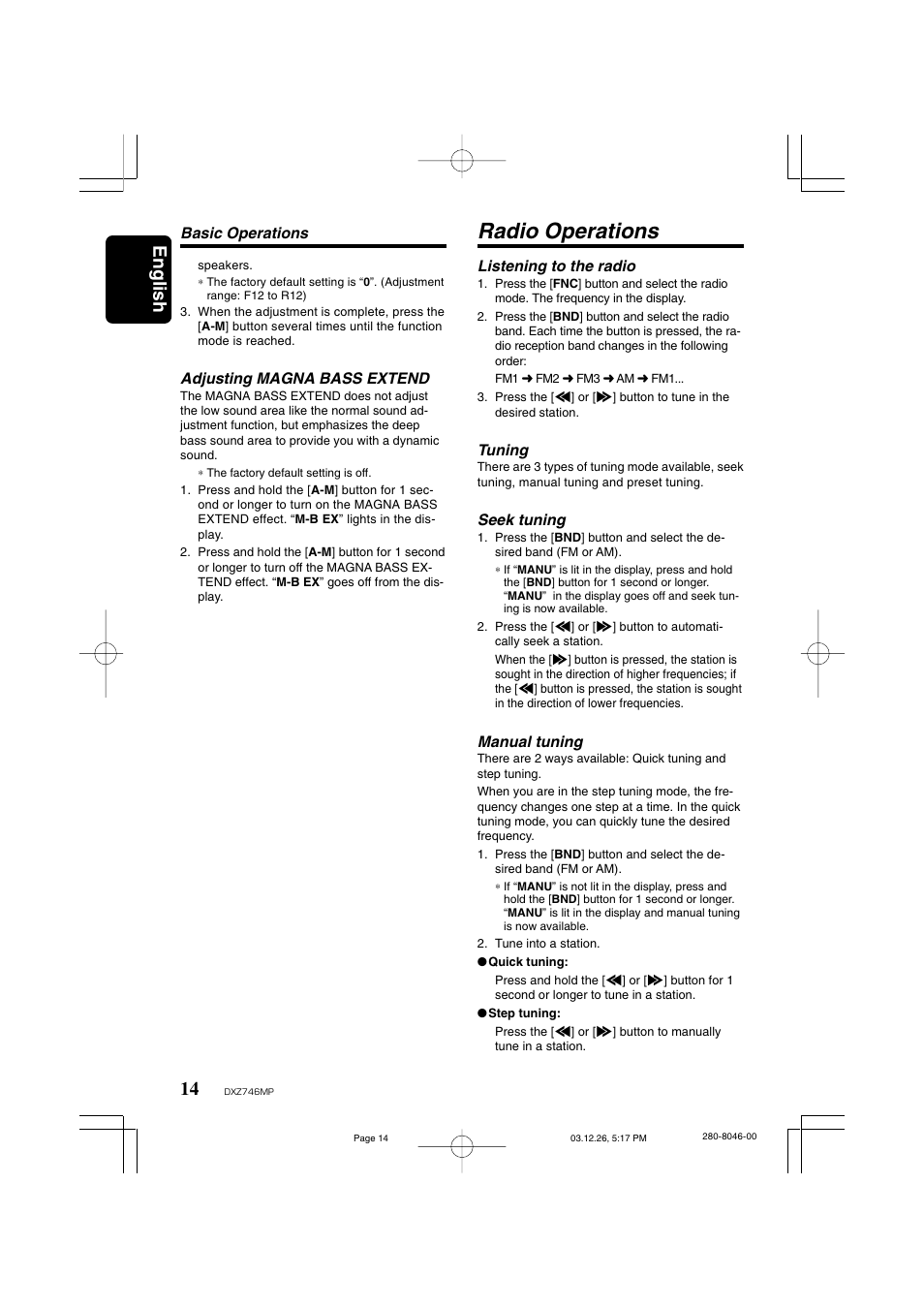 Radio operations, English | Clarion DXZ746MP User Manual | Page 10 / 32