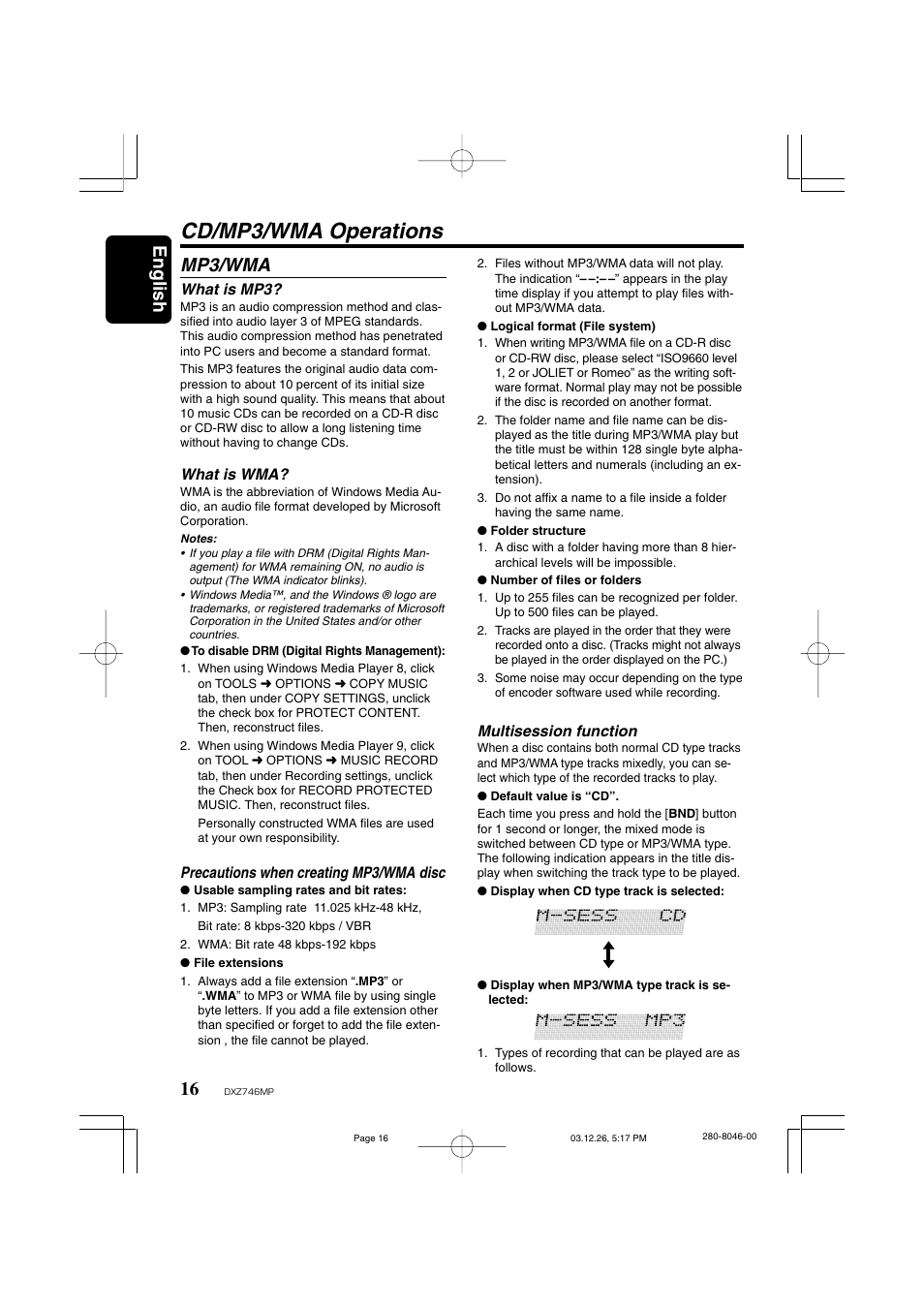 Cd/mp3/wma operations, English, Mp3/wma | Clarion DXZ746MP User Manual | Page 12 / 32