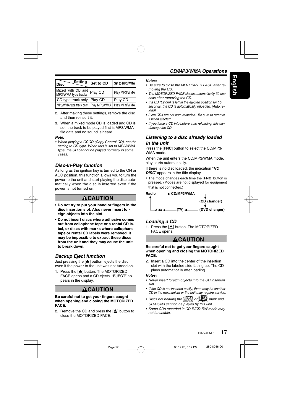 17 english, Caution, Disc-in-play function | Cd/mp3/wma operations, Backup eject function, Listening to a disc already loaded in the unit, Loading a cd | Clarion DXZ746MP User Manual | Page 13 / 32