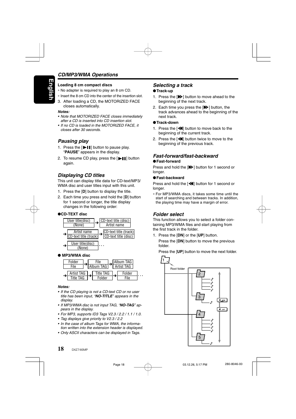 English, Selecting a track, Fast-forward/fast-backward | Folder select, Cd/mp3/wma operations, Pausing play, Displaying cd titles | Clarion DXZ746MP User Manual | Page 14 / 32