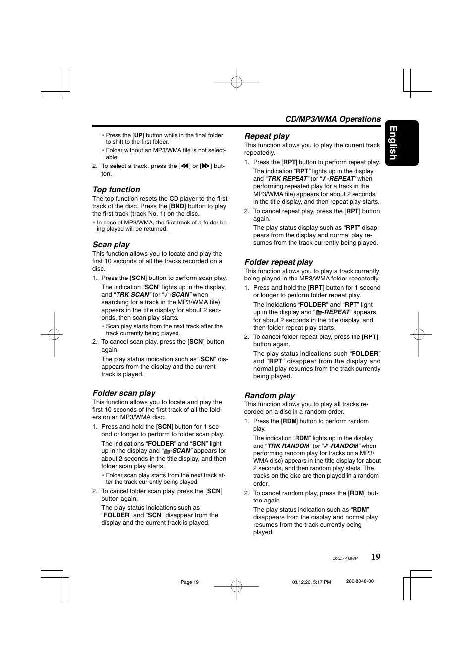 19 english, Top function, Scan play | Folder scan play, Repeat play, Folder repeat play, Random play, Cd/mp3/wma operations | Clarion DXZ746MP User Manual | Page 15 / 32