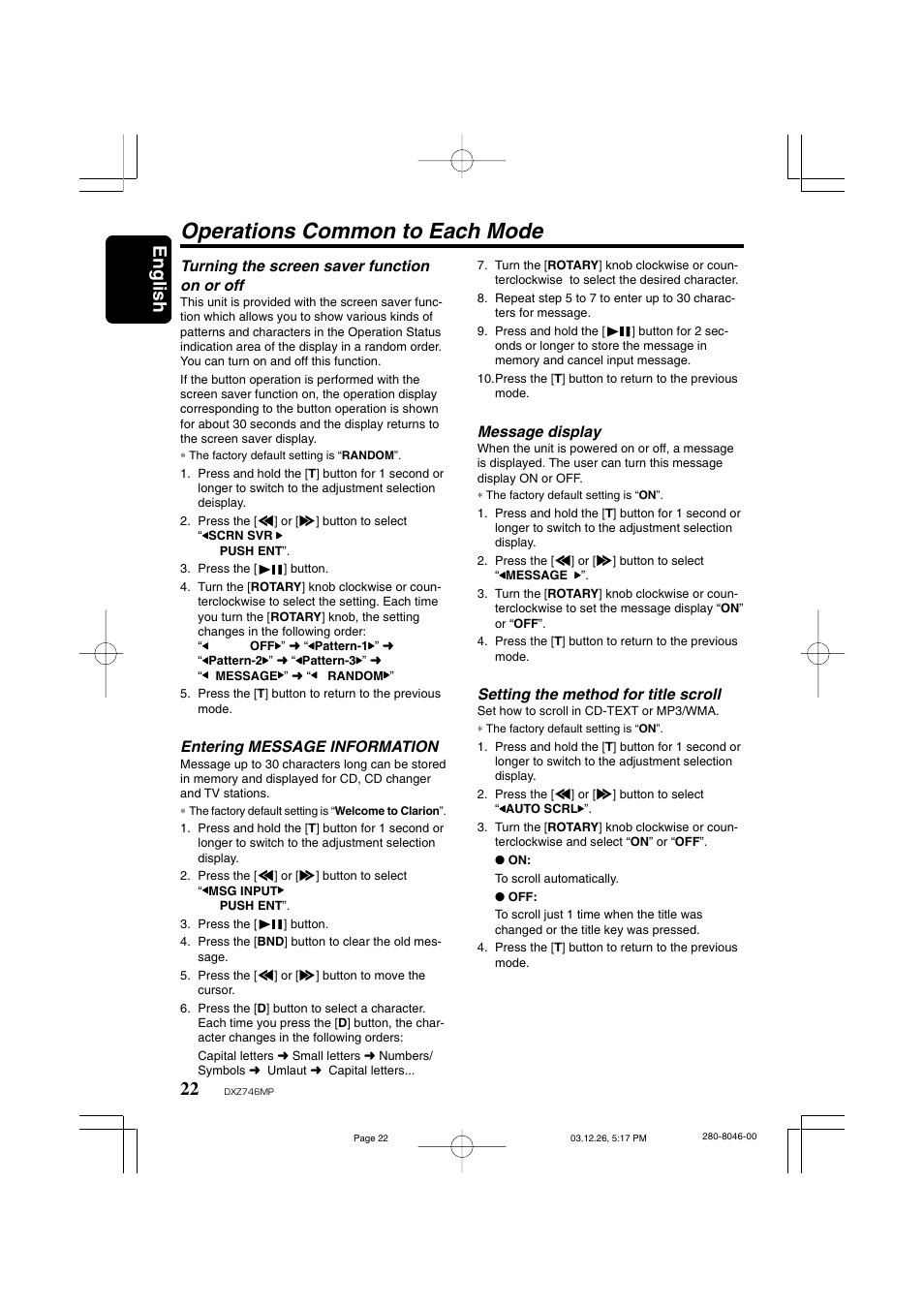 Operations common to each mode, English, Turning the screen saver function on or off | Entering message information, Message display, Setting the method for title scroll | Clarion DXZ746MP User Manual | Page 18 / 32