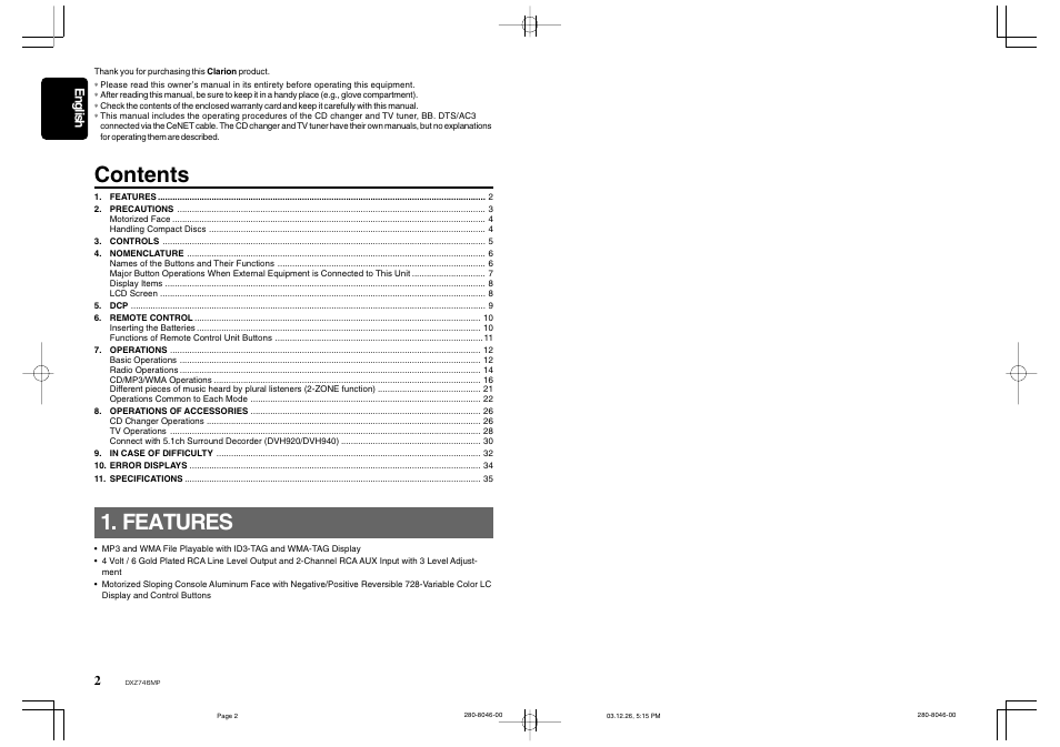 Clarion DXZ746MP User Manual | Page 2 / 32