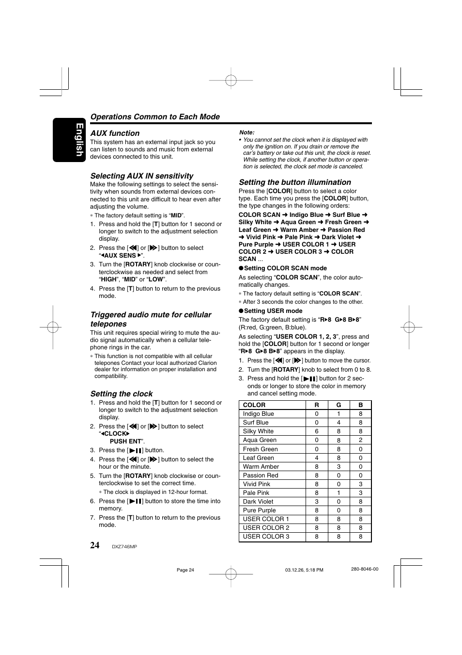 English, Operations common to each mode aux function, Selecting aux in sensitivity | Triggered audio mute for cellular telepones, Setting the clock, Setting the button illumination | Clarion DXZ746MP User Manual | Page 20 / 32