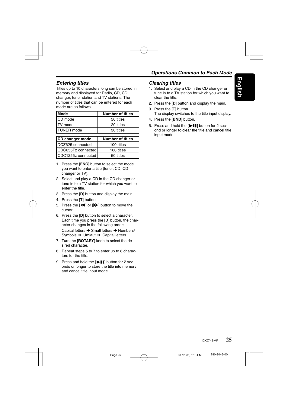 25 english, Operations common to each mode entering titles, Clearing titles | Clarion DXZ746MP User Manual | Page 21 / 32