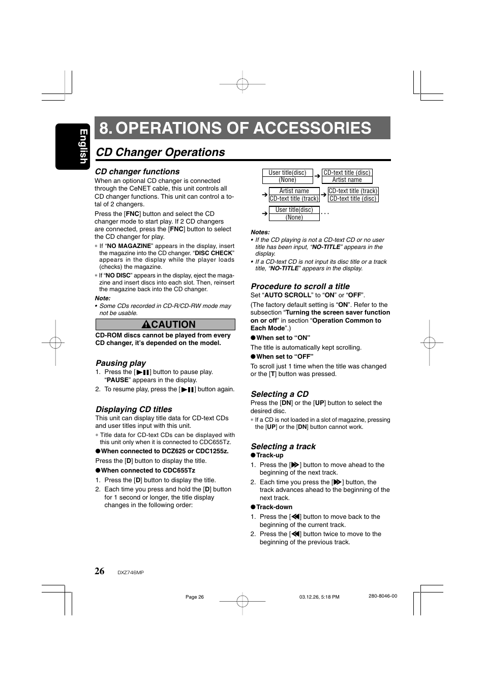 Operations of accessories, Cd changer operations, English | Caution | Clarion DXZ746MP User Manual | Page 22 / 32