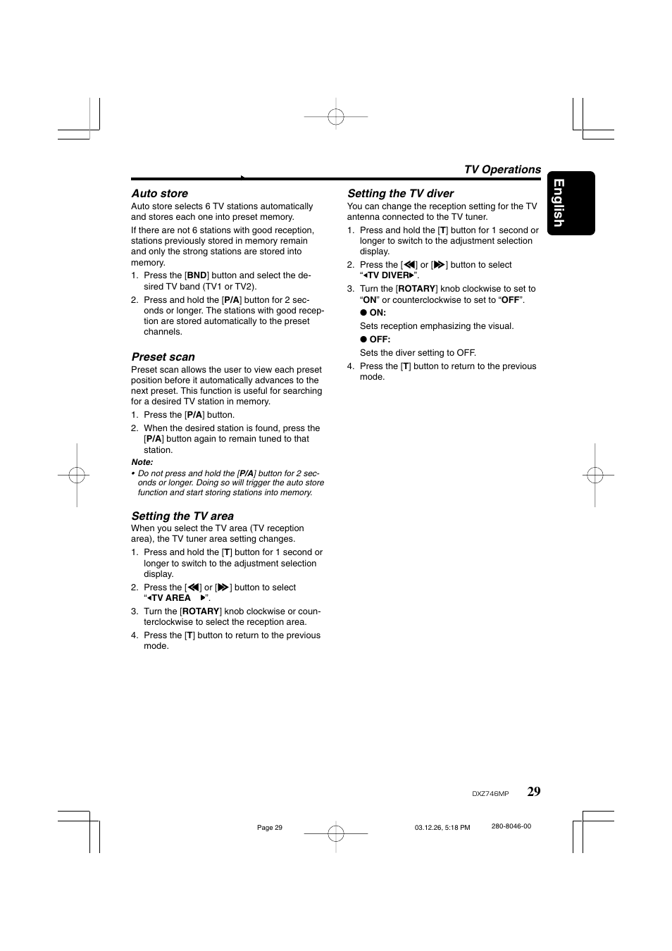 29 english, Auto store, Preset scan | Setting the tv area, Tv operations setting the tv diver | Clarion DXZ746MP User Manual | Page 25 / 32