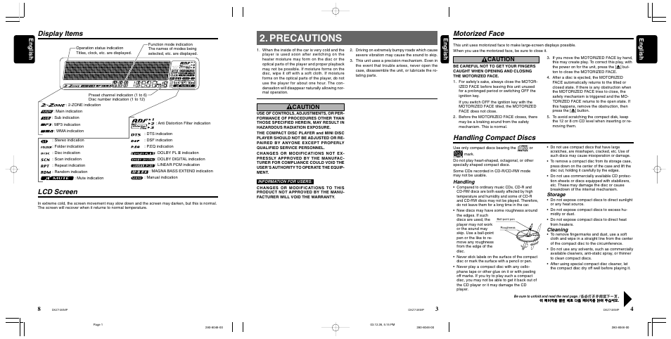 Precautions, Motorized face, Handling compact discs | Display items, Lcd screen, 4english english english, Caution, Handling, Storage, Cleaning | Clarion DXZ746MP User Manual | Page 3 / 32