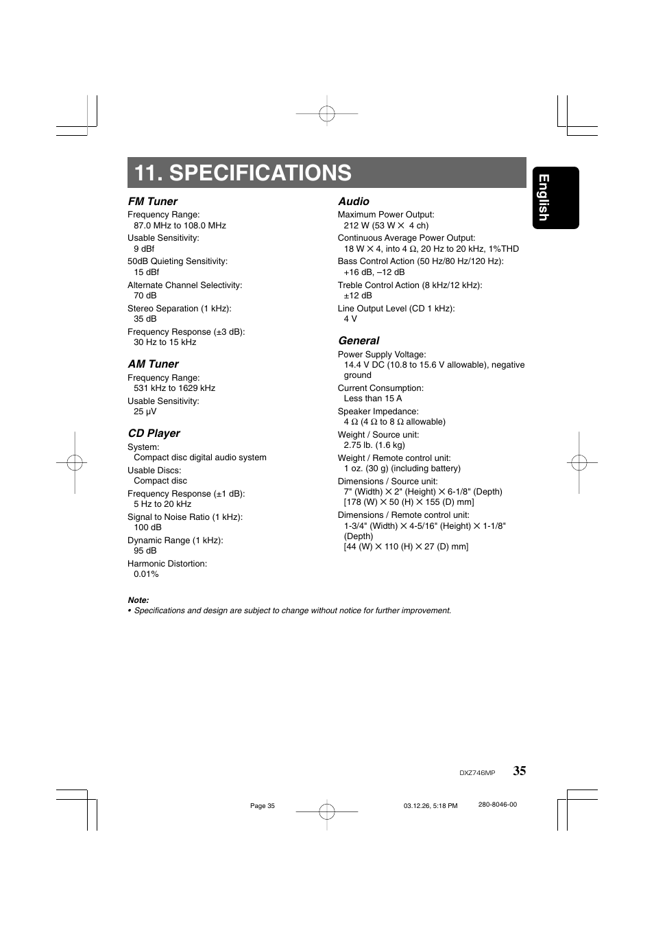 Specifications, 35 english | Clarion DXZ746MP User Manual | Page 31 / 32