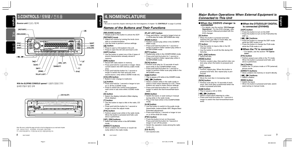 Controls, Nomenclature, Names of the buttons and their functions | English, English 한국어 english, When the cd/dvd changer is connected, When the dts/dolby digital is connected (dvh940), When the tv is connected | Clarion DXZ746MP User Manual | Page 4 / 32