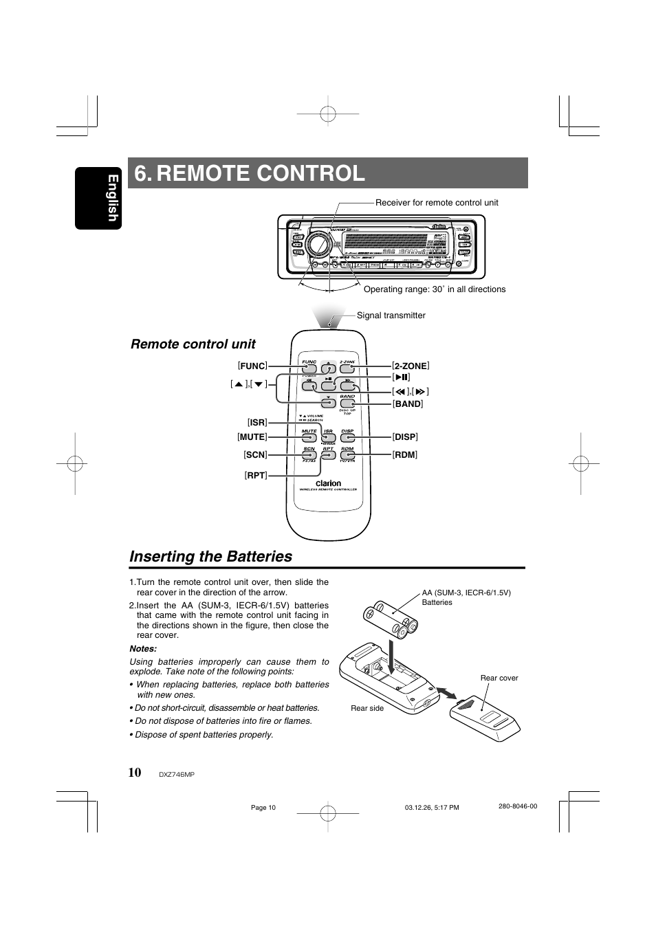 Remote control, Inserting the batteries, English | Remote control unit | Clarion DXZ746MP User Manual | Page 6 / 32