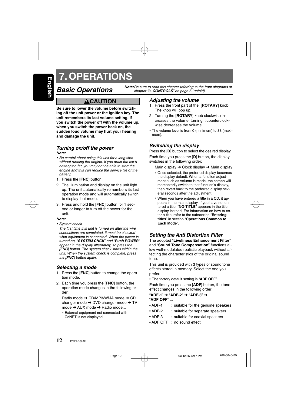 Operations, Basic operations, English | Caution | Clarion DXZ746MP User Manual | Page 8 / 32